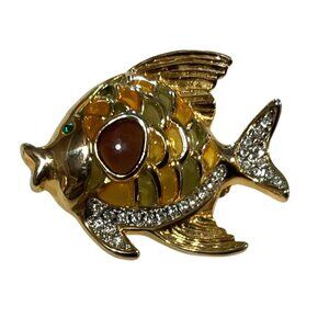 Vintage Gold Tropical Fish Brooch With Gemstone Accents & Rhinestones 1.25" L